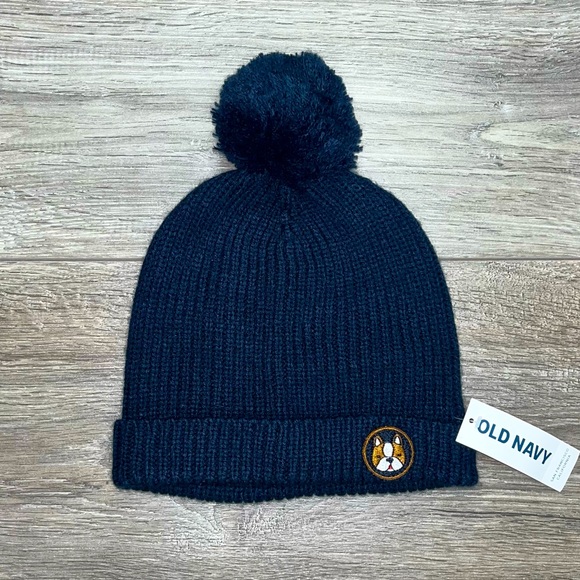 NWT Old Navy Pom Winter Hat 18-24 Months Navy Blue | French Bulldog Emblem Hat - Picture 3 of 8
